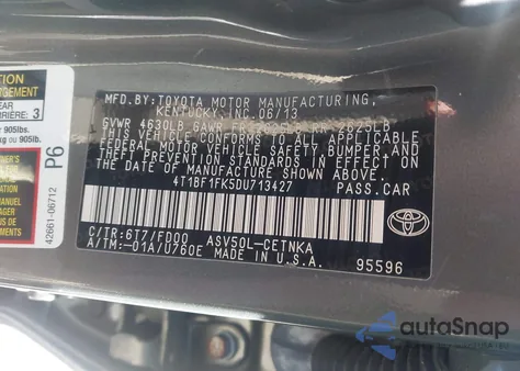 2013 Toyota Camry L/Se/Le/Xle z USA, uszkodzony, nr VIN 4T1BF1FK5DU713427
